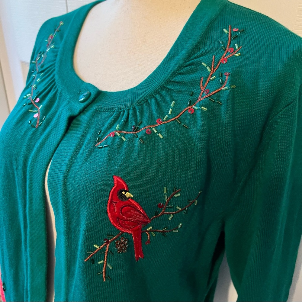 CB Career Green Embroidered Cardigan with Red Cardinal Bird Design size PXL